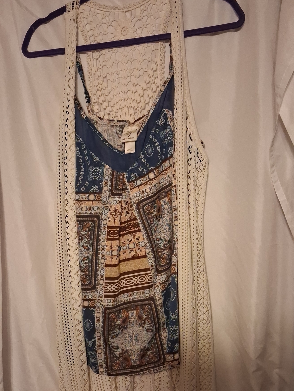 Boho Crochet Open Vest with Blue Paisley Tank